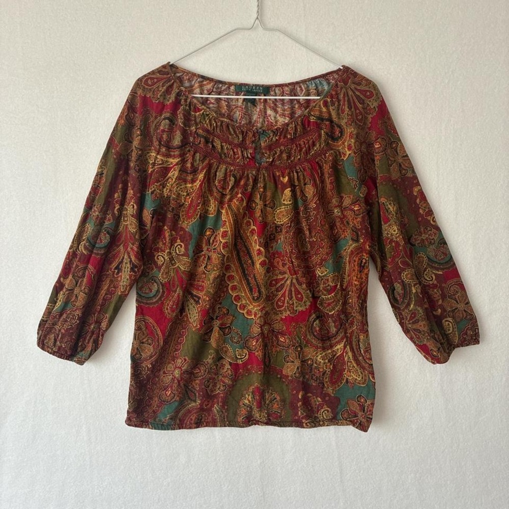 Classic Lauren Ralph Lauren Brown paisley print blouse 100% cotton size Lg